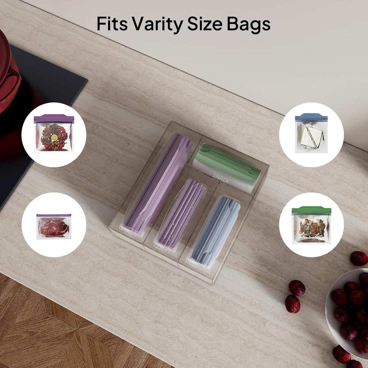 Acrylic Bags Storage Organizer - Baggie Bags Drawer Organizer & Plastic Food Storage Bags Holder - Compatible with Gallon, Quart, Sandwich, Snap, Freezer, Slider Bags (Clear)