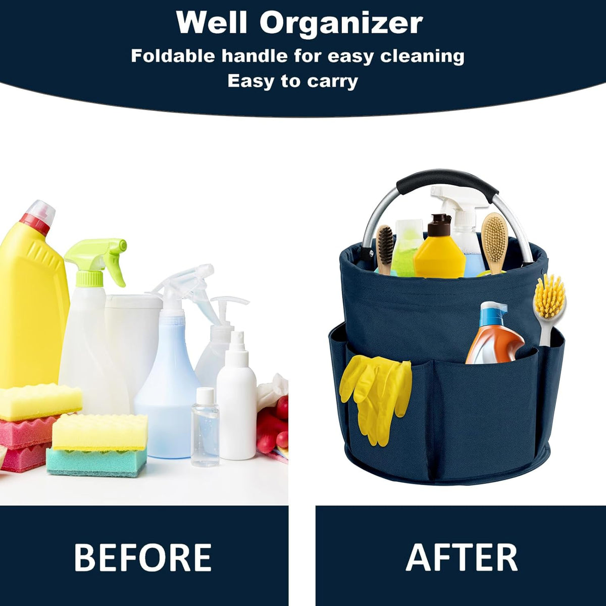 17L Cleaning Caddy with Handle, Cleaning Supplies Organizer, Foldable Storage Basket, Cleaning Supply Caddy, Portable Multi Cleaning Bucket Bag for Home, Garden (Black)