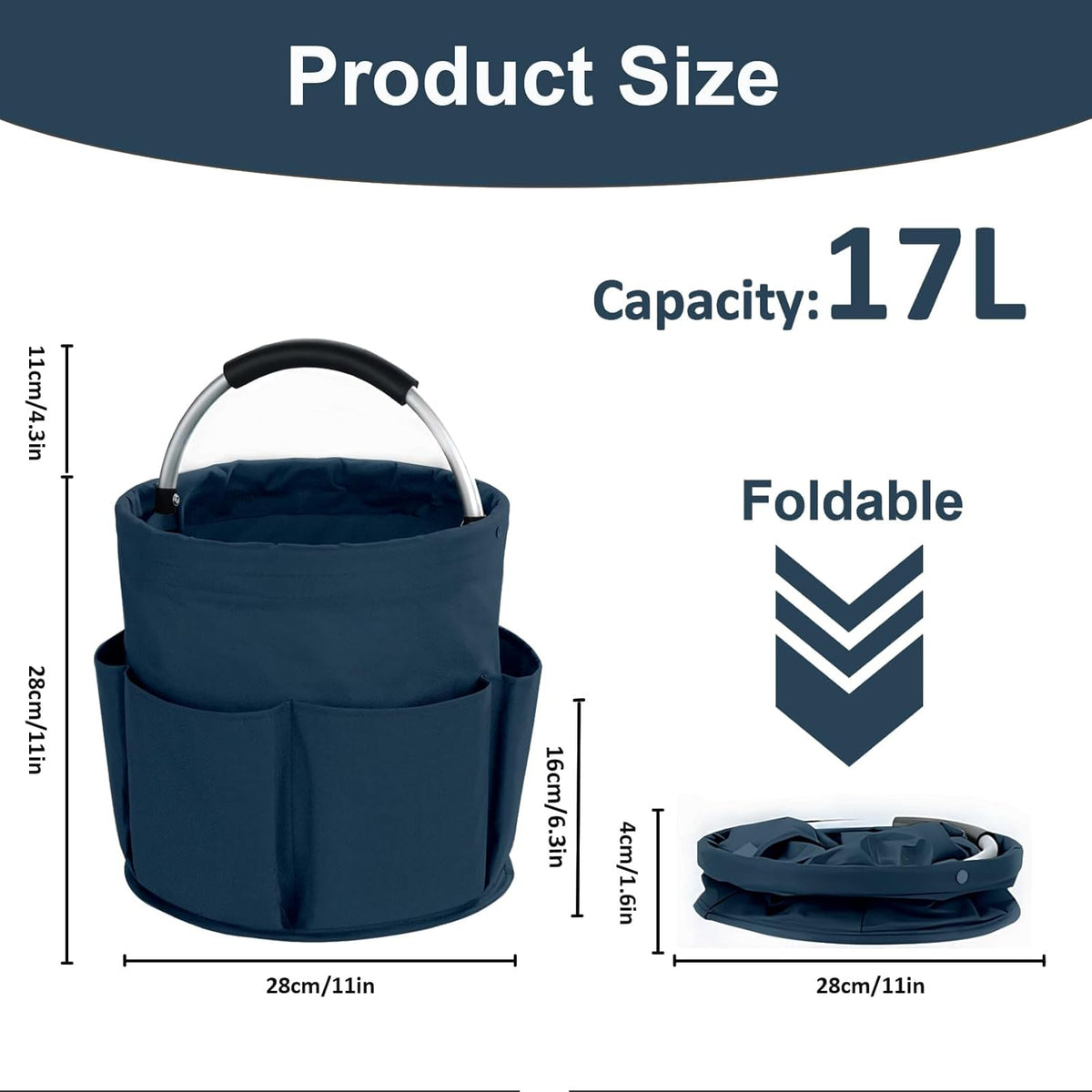 17L Cleaning Caddy with Handle, Cleaning Supplies Organizer, Foldable Storage Basket, Cleaning Supply Caddy, Portable Multi Cleaning Bucket Bag for Home, Garden (Black)