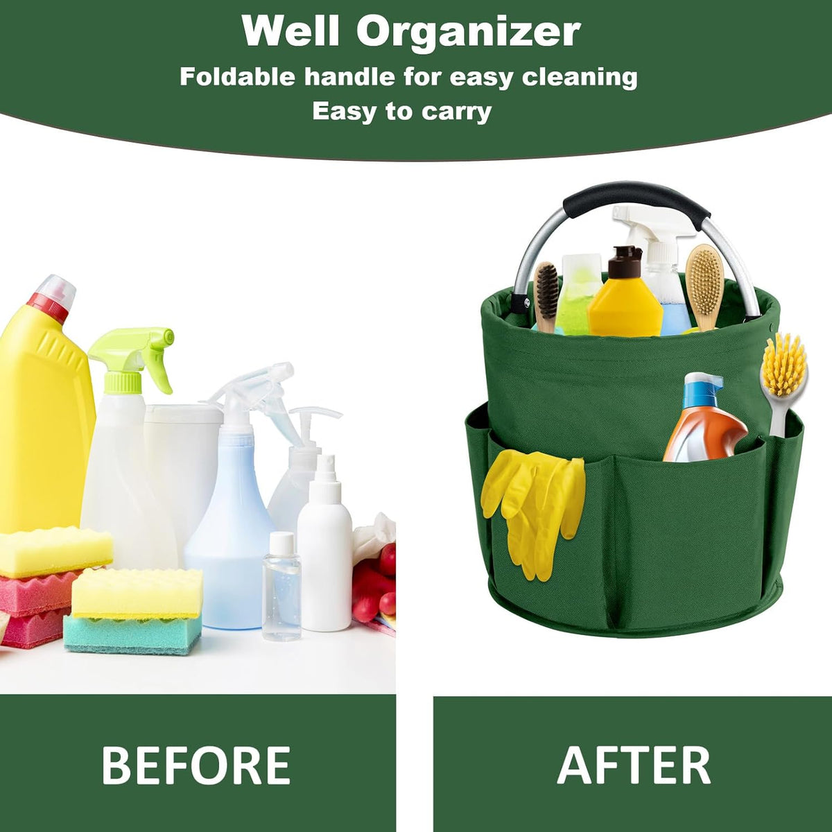 17L Cleaning Caddy with Handle, Cleaning Supplies Organizer, Foldable Storage Basket, Cleaning Supply Caddy, Portable Multi Cleaning Bucket Bag for Home, Garden (Black)
