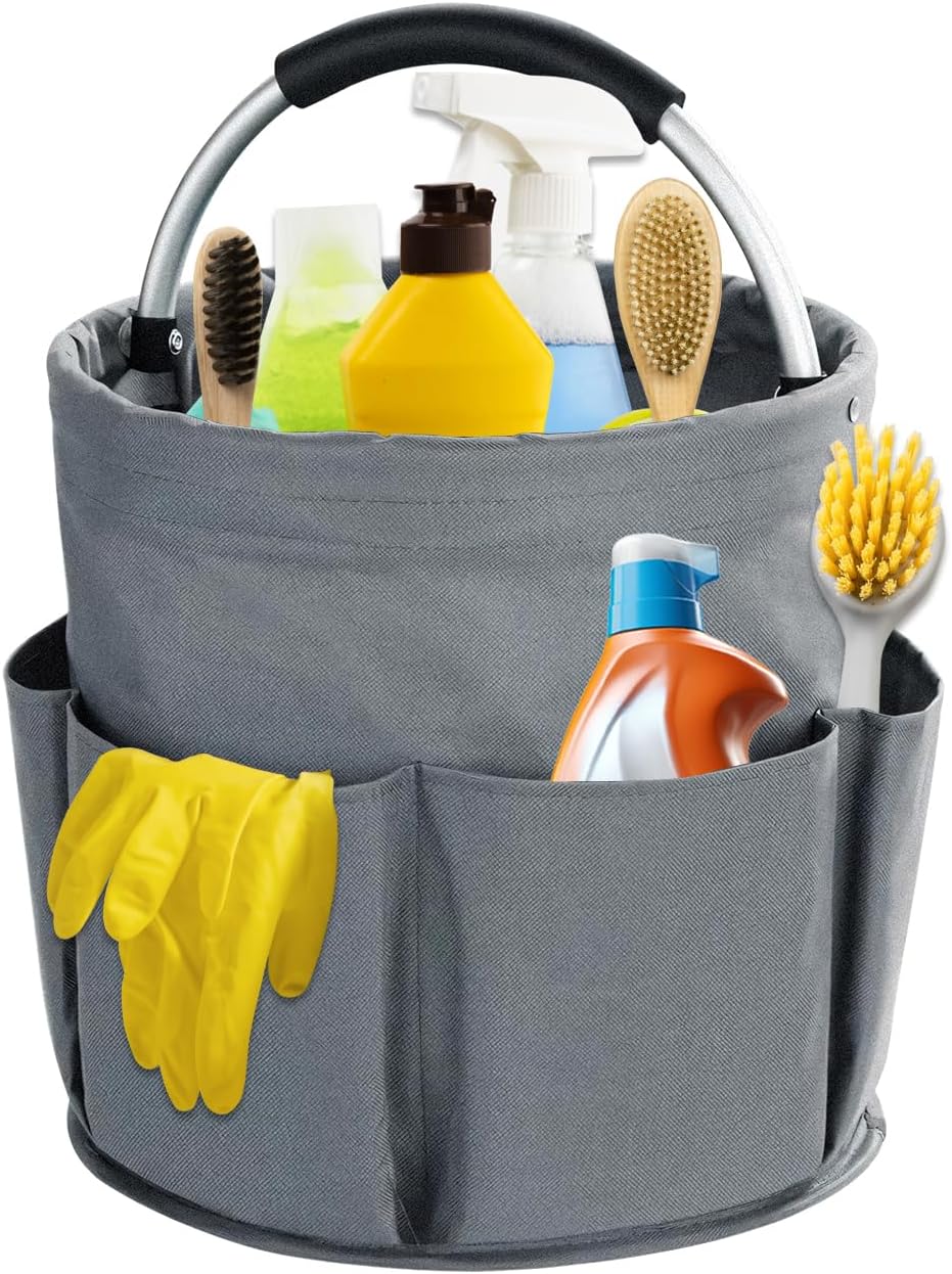 17L Cleaning Caddy with Handle, Cleaning Supplies Organizer, Foldable Storage Basket, Cleaning Supply Caddy, Portable Multi Cleaning Bucket Bag for Home, Garden (Black)
