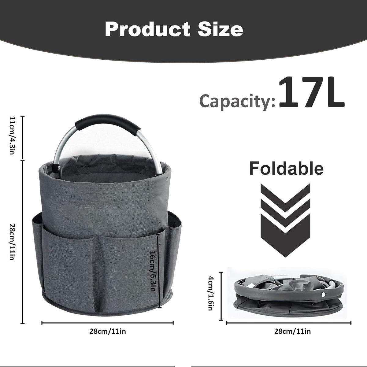 17L Cleaning Caddy with Handle, Cleaning Supplies Organizer, Foldable Storage Basket, Cleaning Supply Caddy, Portable Multi Cleaning Bucket Bag for Home, Garden (Black)