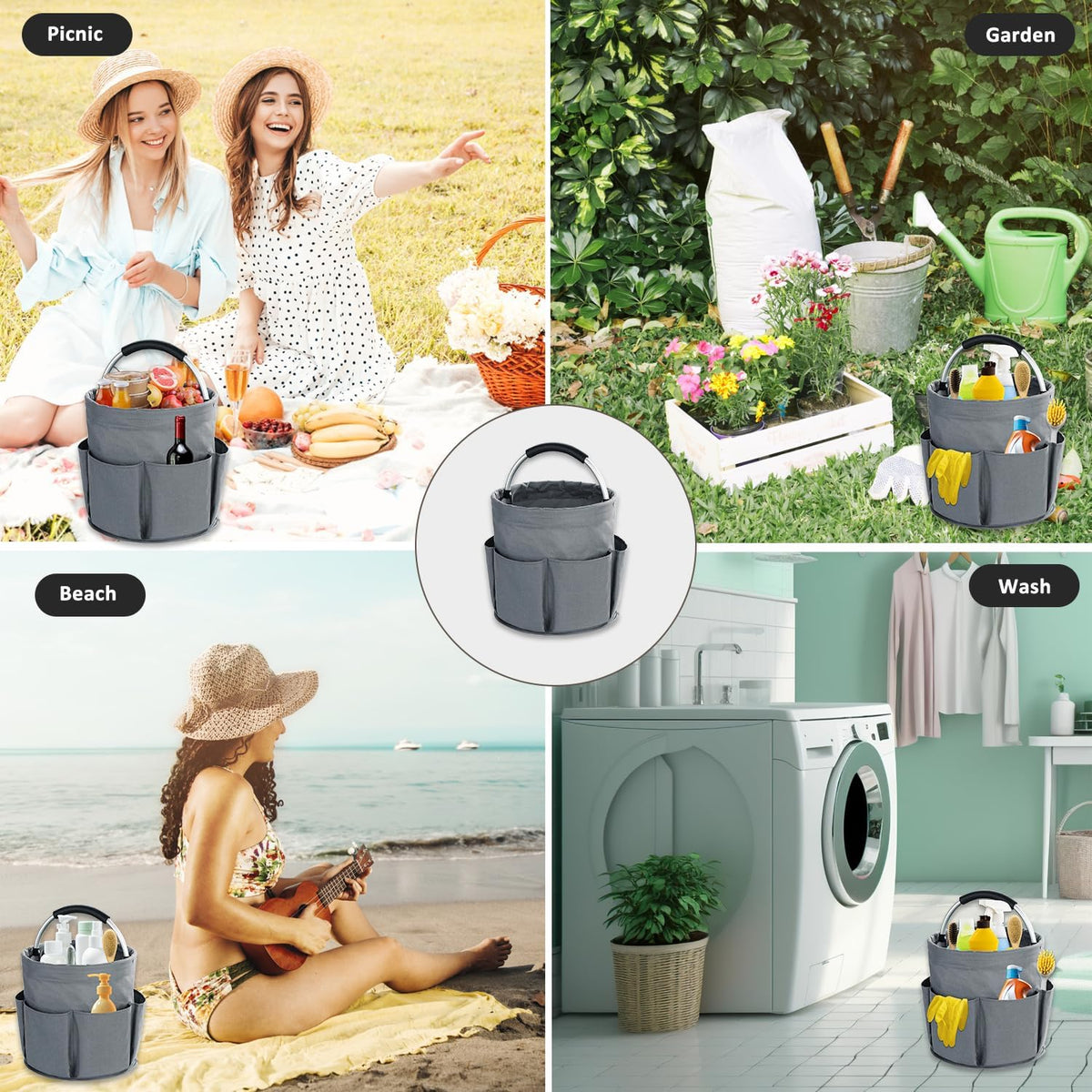 17L Cleaning Caddy with Handle, Cleaning Supplies Organizer, Foldable Storage Basket, Cleaning Supply Caddy, Portable Multi Cleaning Bucket Bag for Home, Garden (Black)