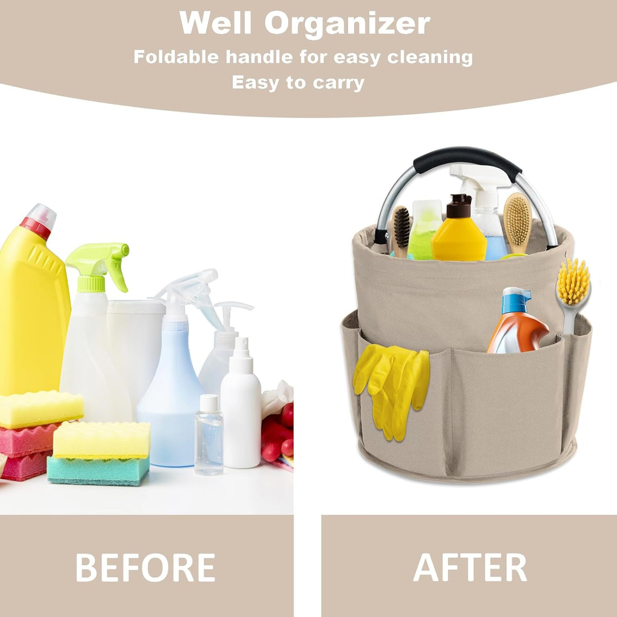 17L Cleaning Caddy with Handle, Cleaning Supplies Organizer, Foldable Storage Basket, Cleaning Supply Caddy, Portable Multi Cleaning Bucket Bag for Home, Garden (Black)