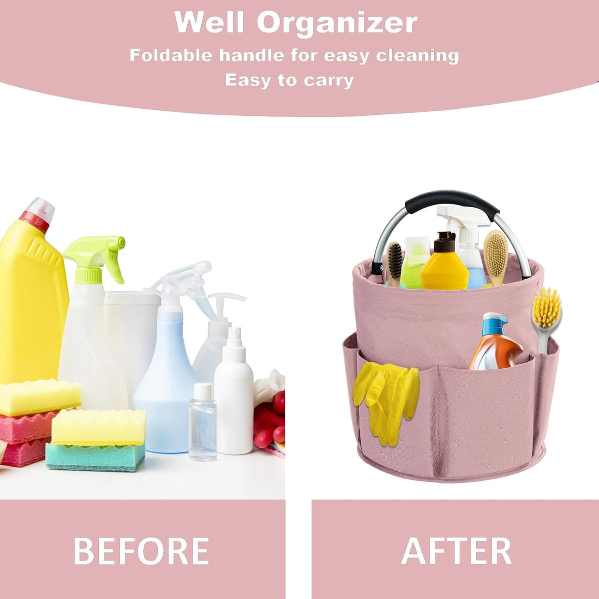 17L Cleaning Caddy with Handle, Cleaning Supplies Organizer, Foldable Storage Basket, Cleaning Supply Caddy, Portable Multi Cleaning Bucket Bag for Home, Garden (Black)