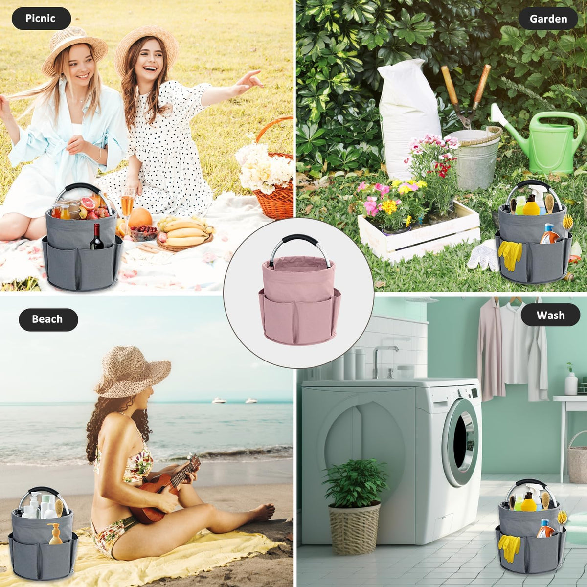 17L Cleaning Caddy with Handle, Cleaning Supplies Organizer, Foldable Storage Basket, Cleaning Supply Caddy, Portable Multi Cleaning Bucket Bag for Home, Garden (Black)