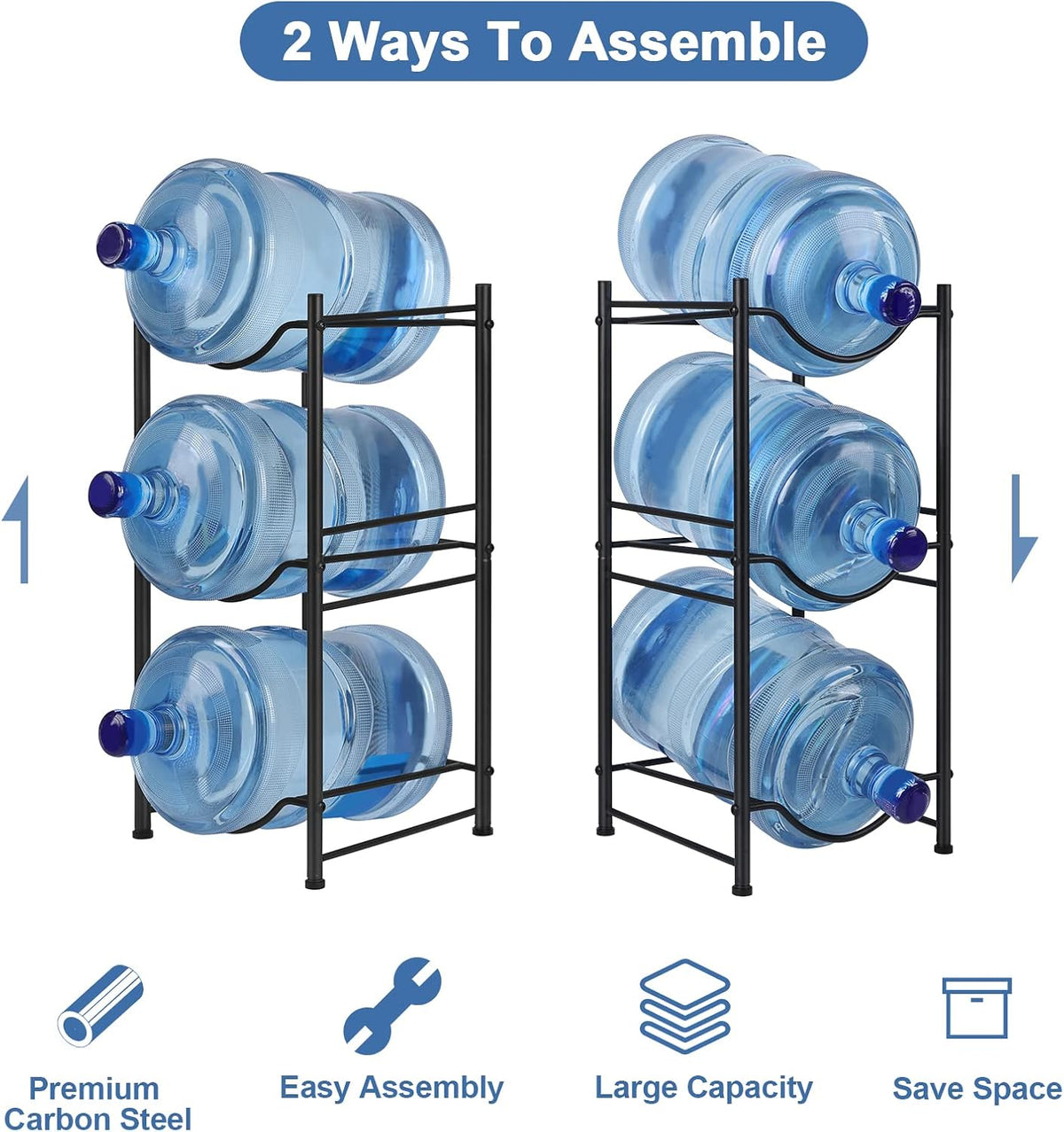 5 Gallon Water Bottle Jug Holder 4 Tier Heavy Duty Cooler Jug Storage Rack Detachable Bottle Organizer Shelf for Home, Kitchen, Office, Breakroom Space Save, Black