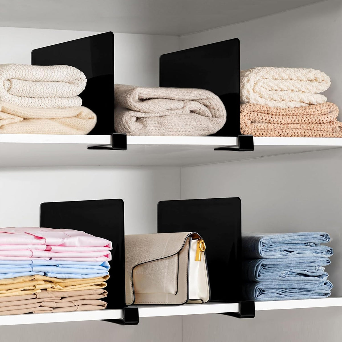 6 Pack Closet Organizers and Storage, Clear Shelf Dividers, Vertical Purse Organizer for Closet Perfect for Sweater, Shirts, Handbags in Bedroom and Kitchen, Acrylic Bookshelf for Organization