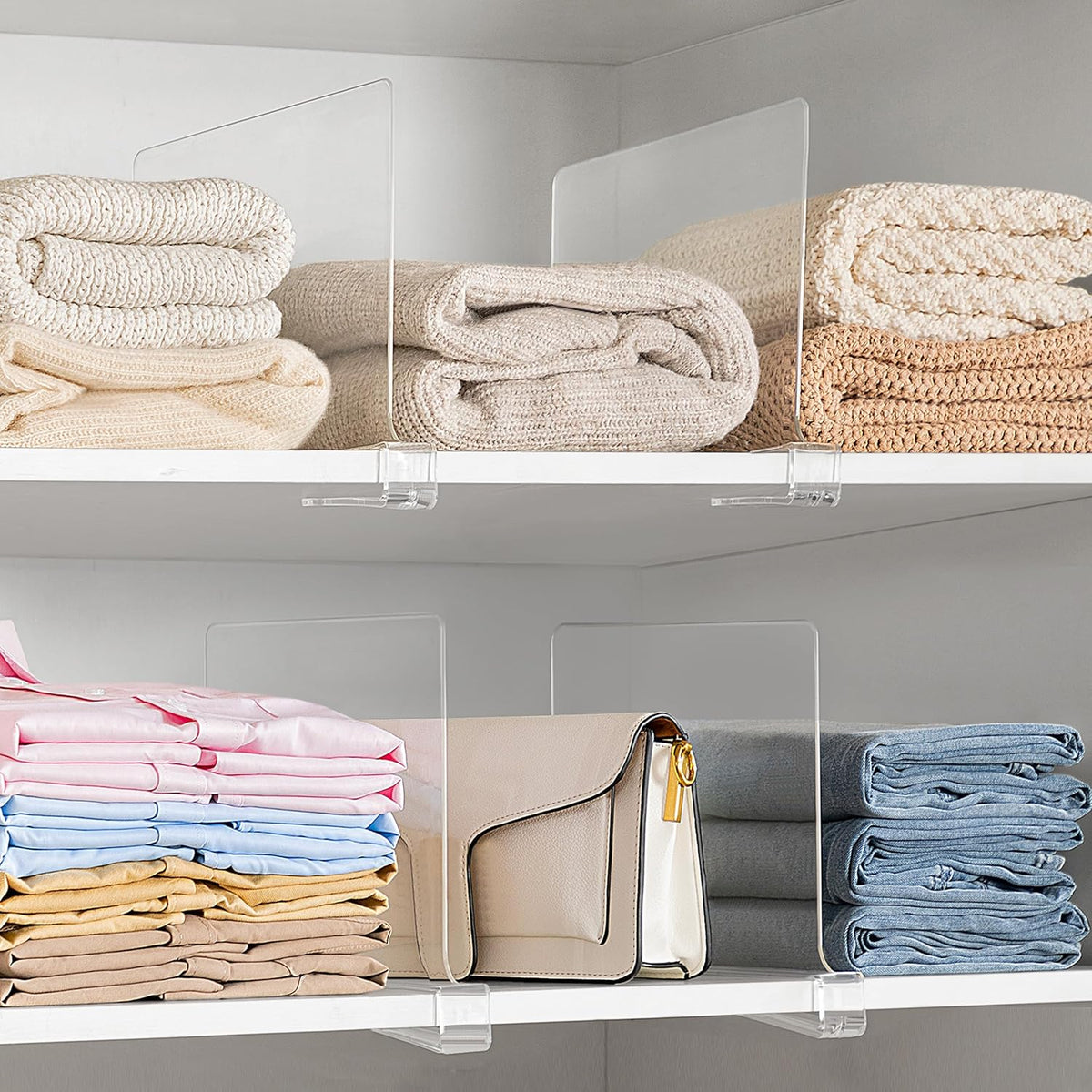6 Pack Closet Organizers and Storage, Clear Shelf Dividers, Vertical Purse Organizer for Closet Perfect for Sweater, Shirts, Handbags in Bedroom and Kitchen, Acrylic Bookshelf for Organization