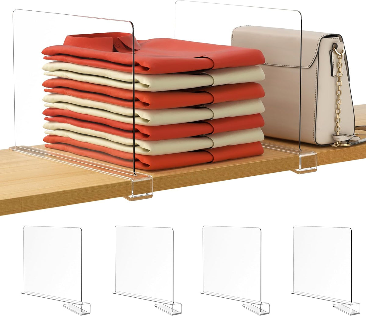 6 Pack Closet Organizers and Storage, Clear Shelf Dividers, Vertical Purse Organizer for Closet Perfect for Sweater, Shirts, Handbags in Bedroom and Kitchen, Acrylic Bookshelf for Organization