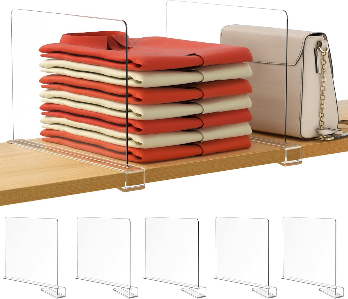 6 Pack Closet Organizers and Storage, Clear Shelf Dividers, Vertical Purse Organizer for Closet Perfect for Sweater, Shirts, Handbags in Bedroom and Kitchen, Acrylic Bookshelf for Organization