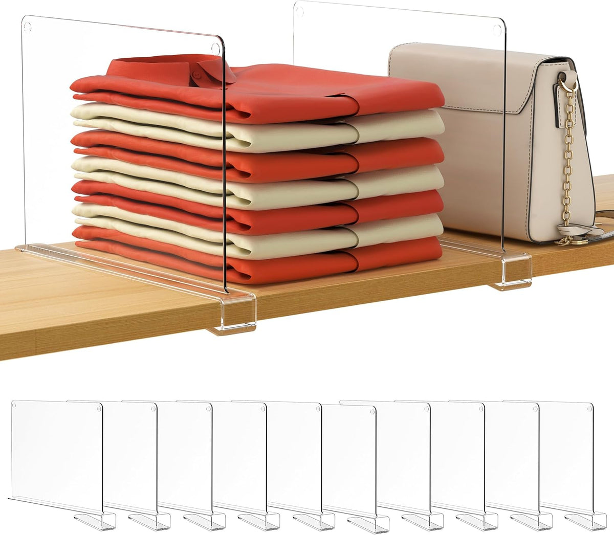 6 Pack Closet Organizers and Storage, Clear Shelf Dividers, Vertical Purse Organizer for Closet Perfect for Sweater, Shirts, Handbags in Bedroom and Kitchen, Acrylic Bookshelf for Organization