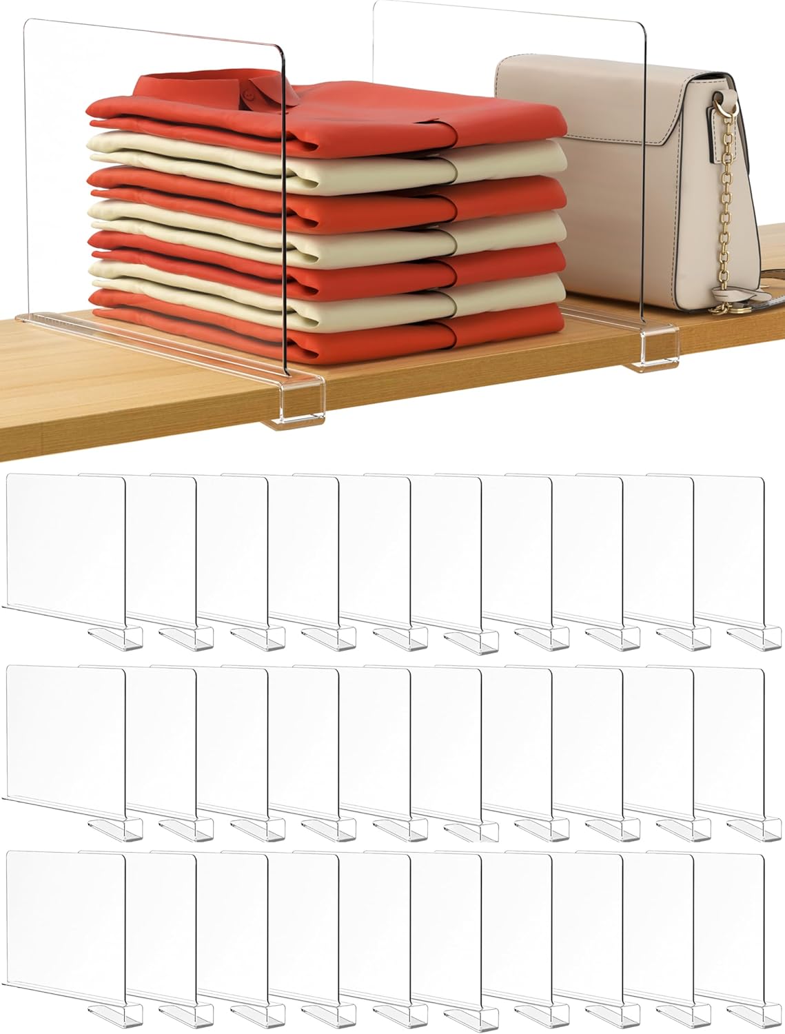 6 Pack Closet Organizers and Storage, Clear Shelf Dividers, Vertical Purse Organizer for Closet Perfect for Sweater, Shirts, Handbags in Bedroom and Kitchen, Acrylic Bookshelf for Organization