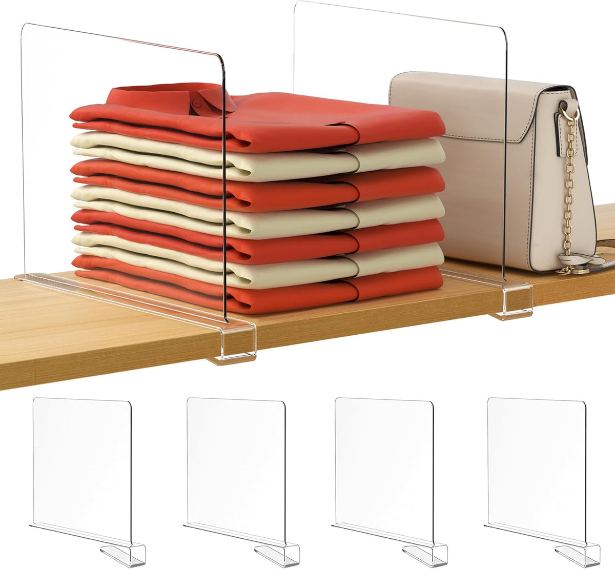6 Pack Closet Organizers and Storage, Clear Shelf Dividers, Vertical Purse Organizer for Closet Perfect for Sweater, Shirts, Handbags in Bedroom and Kitchen, Acrylic Bookshelf for Organization