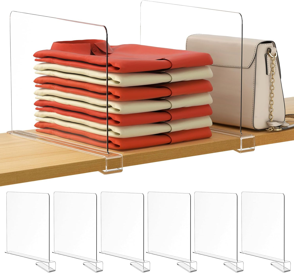 6 Pack Closet Organizers and Storage, Clear Shelf Dividers, Vertical Purse Organizer for Closet Perfect for Sweater, Shirts, Handbags in Bedroom and Kitchen, Acrylic Bookshelf for Organization
