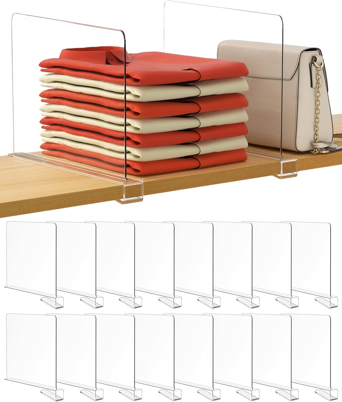 6 Pack Closet Organizers and Storage, Clear Shelf Dividers, Vertical Purse Organizer for Closet Perfect for Sweater, Shirts, Handbags in Bedroom and Kitchen, Acrylic Bookshelf for Organization