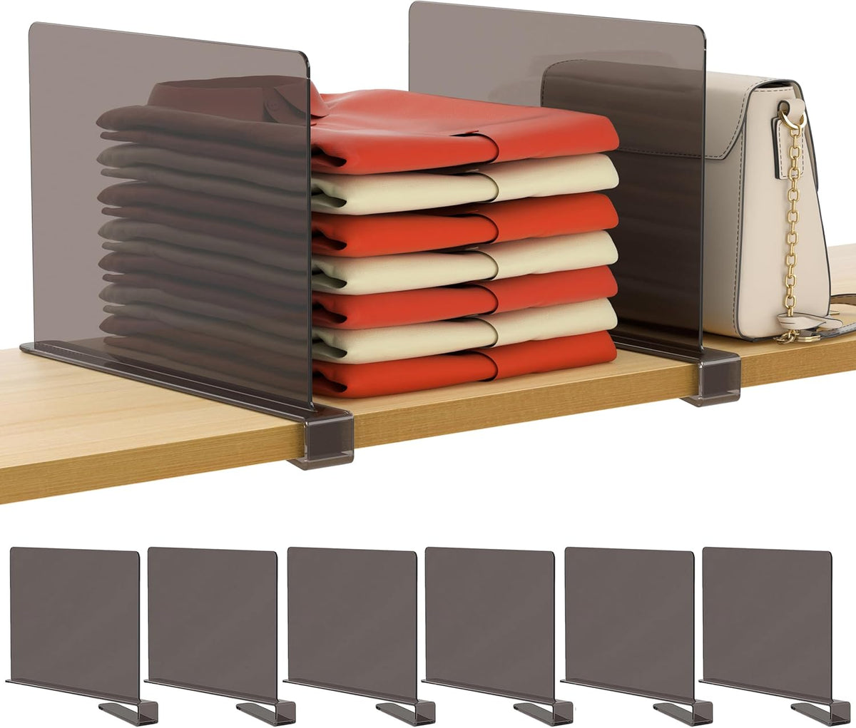 6 Pack Closet Organizers and Storage, Clear Shelf Dividers, Vertical Purse Organizer for Closet Perfect for Sweater, Shirts, Handbags in Bedroom and Kitchen, Acrylic Bookshelf for Organization