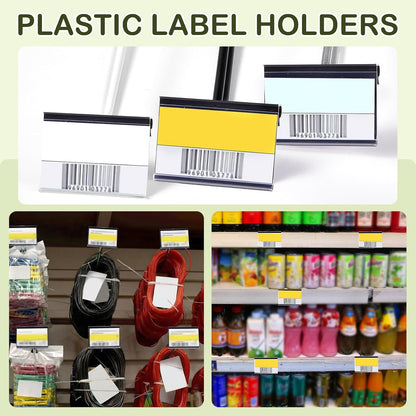 200 Pcs Reusable Plastic Wire Shelf Label Holders, Price Card Sign for Pantry Retail Supermarket Merchandise Shopping Mall Shop Ticket Display Holder Clip on Design, 2.36" L x 1.65" H (Clear)