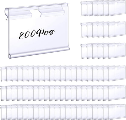 200 Pcs Reusable Plastic Wire Shelf Label Holders, Price Card Sign for Pantry Retail Supermarket Merchandise Shopping Mall Shop Ticket Display Holder Clip on Design, 2.36" L x 1.65" H (Clear)