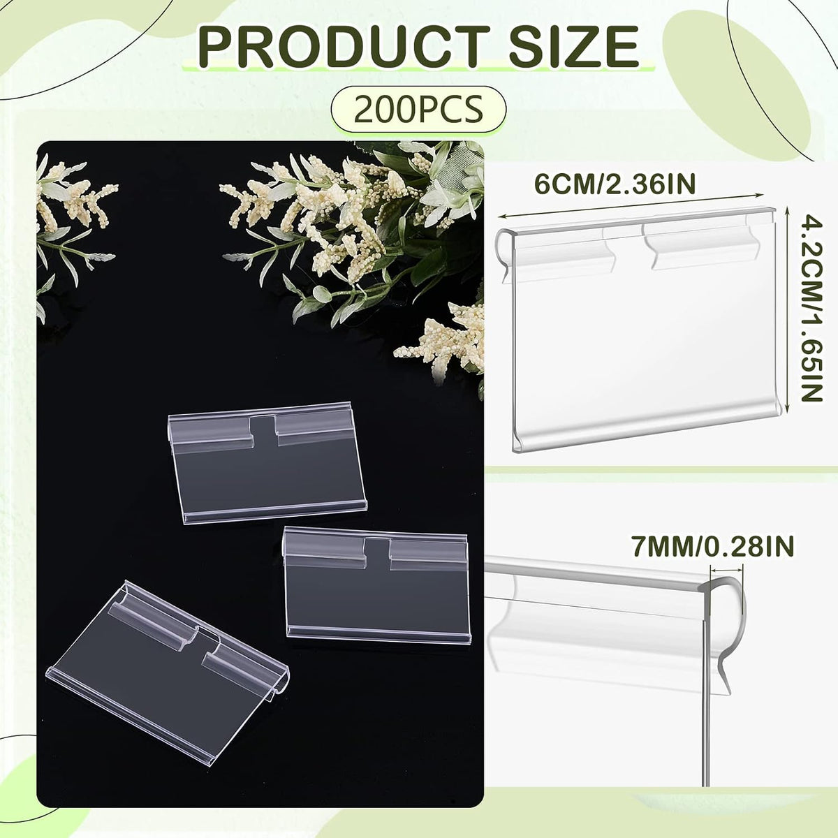 200 Pcs Reusable Plastic Wire Shelf Label Holders, Price Card Sign for Pantry Retail Supermarket Merchandise Shopping Mall Shop Ticket Display Holder Clip on Design, 2.36" L x 1.65" H (Clear)