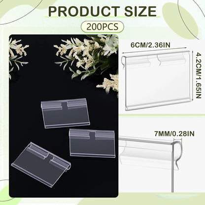 200 Pcs Reusable Plastic Wire Shelf Label Holders, Price Card Sign for Pantry Retail Supermarket Merchandise Shopping Mall Shop Ticket Display Holder Clip on Design, 2.36" L x 1.65" H (Clear)