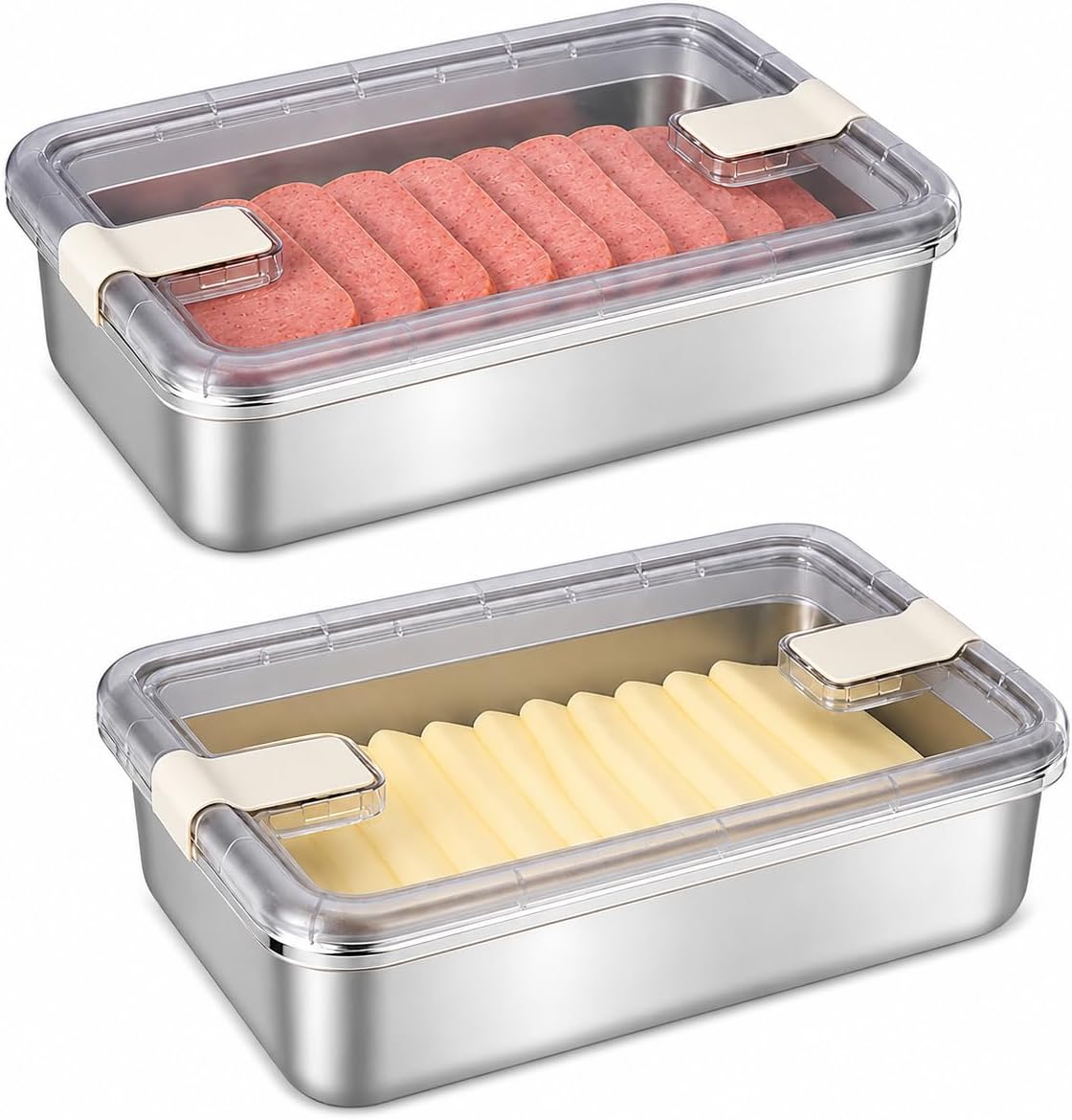 2 Pack Cheese Container, Deli Meat Storage for Refrigerator,Stainless Steel Lunch Meat Food Container with Sealed Vent Lid,Shallow Stackable Fridge Boxes for Ham Bacon Cold Cuts Salami Turkey