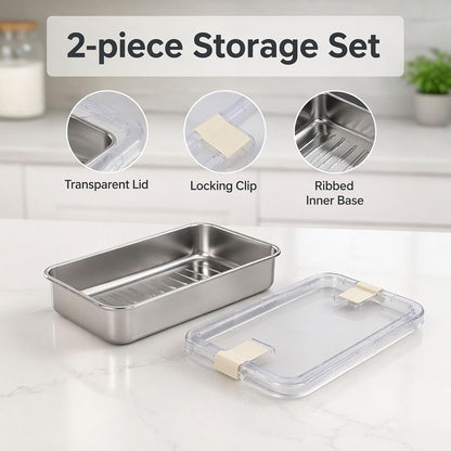 2 Pack Cheese Container, Deli Meat Storage for Refrigerator,Stainless Steel Lunch Meat Food Container with Sealed Vent Lid,Shallow Stackable Fridge Boxes for Ham Bacon Cold Cuts Salami Turkey