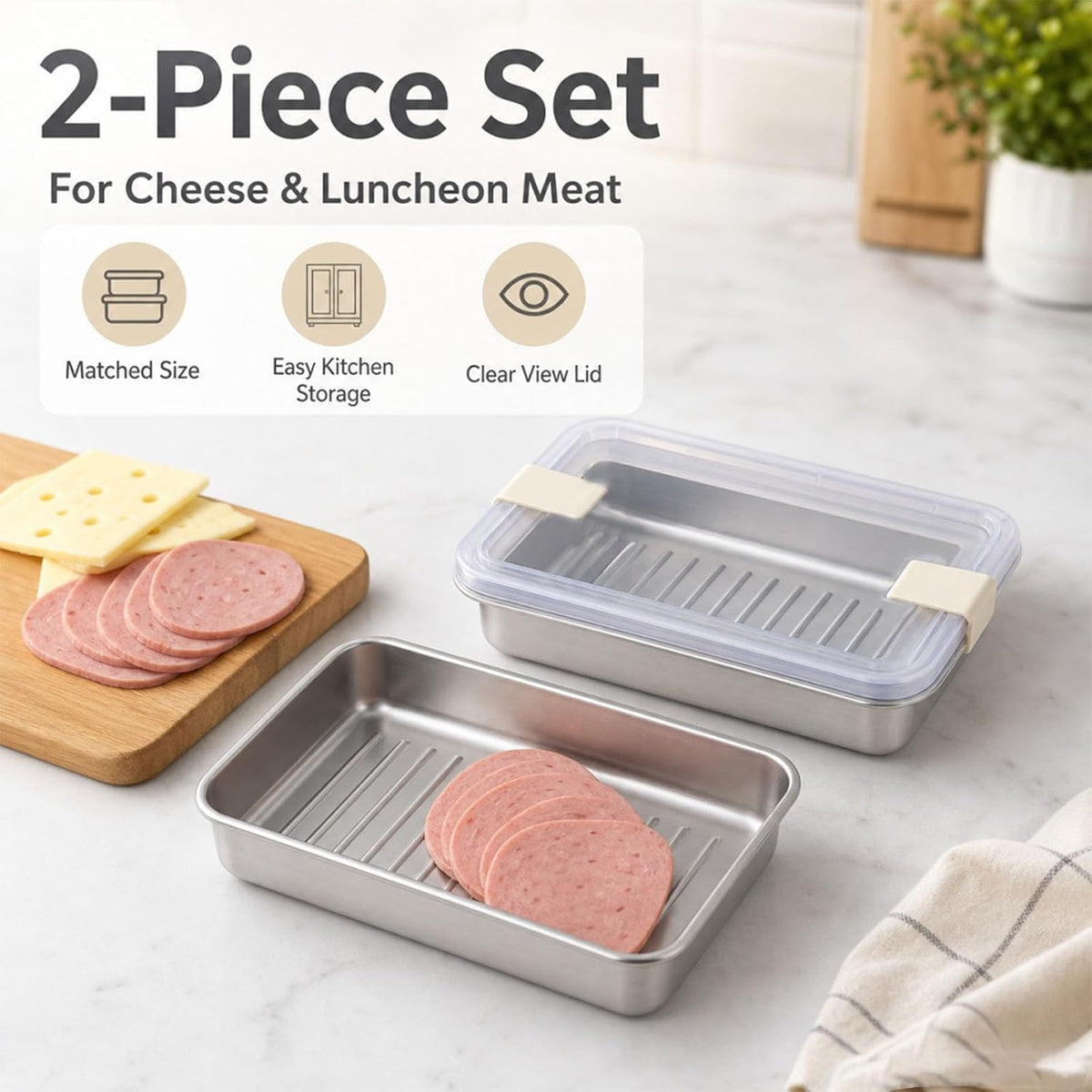 2 Pack Cheese Container, Deli Meat Storage for Refrigerator,Stainless Steel Lunch Meat Food Container with Sealed Vent Lid,Shallow Stackable Fridge Boxes for Ham Bacon Cold Cuts Salami Turkey
