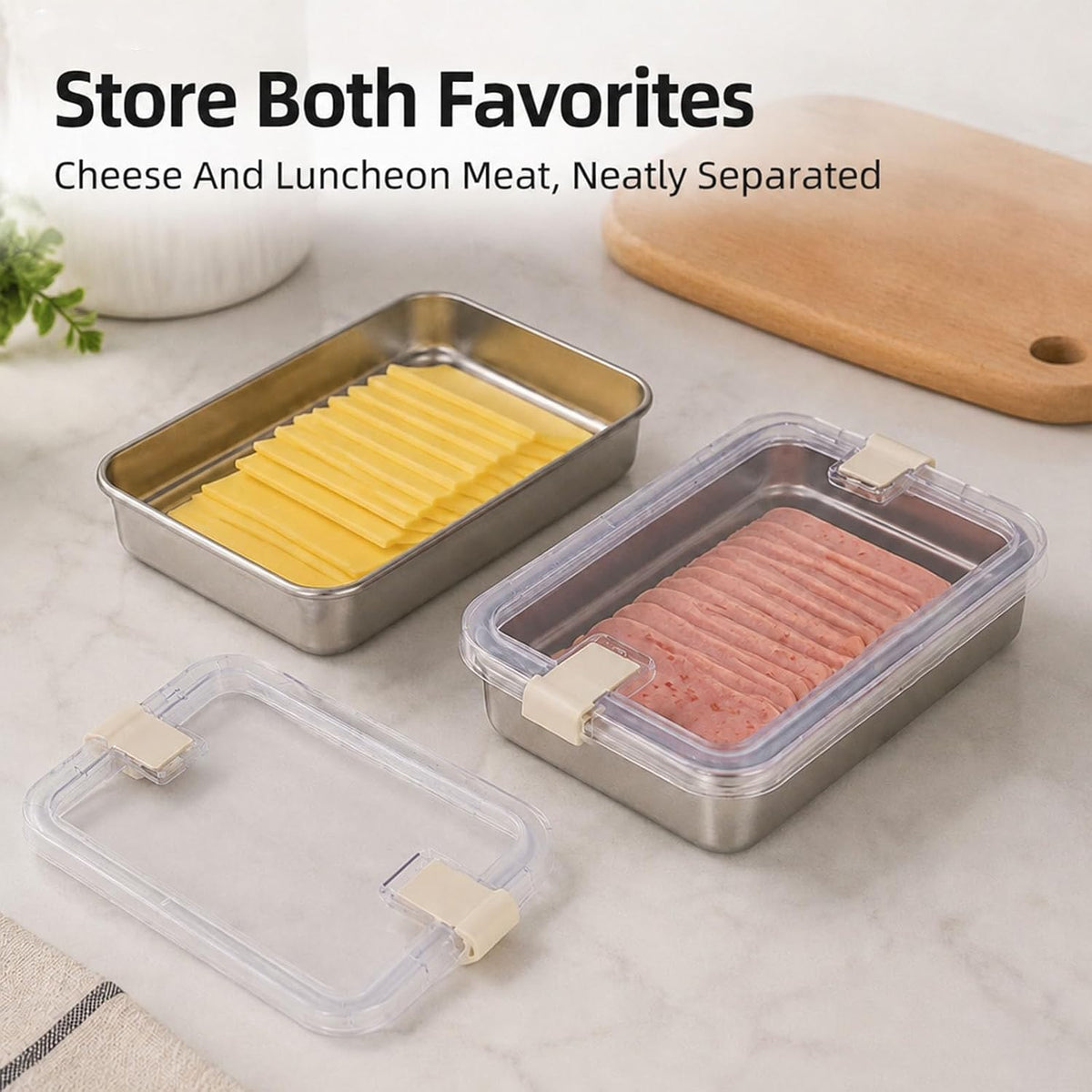 2 Pack Cheese Container, Deli Meat Storage for Refrigerator,Stainless Steel Lunch Meat Food Container with Sealed Vent Lid,Shallow Stackable Fridge Boxes for Ham Bacon Cold Cuts Salami Turkey
