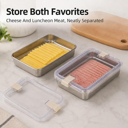 2 Pack Cheese Container, Deli Meat Storage for Refrigerator,Stainless Steel Lunch Meat Food Container with Sealed Vent Lid,Shallow Stackable Fridge Boxes for Ham Bacon Cold Cuts Salami Turkey