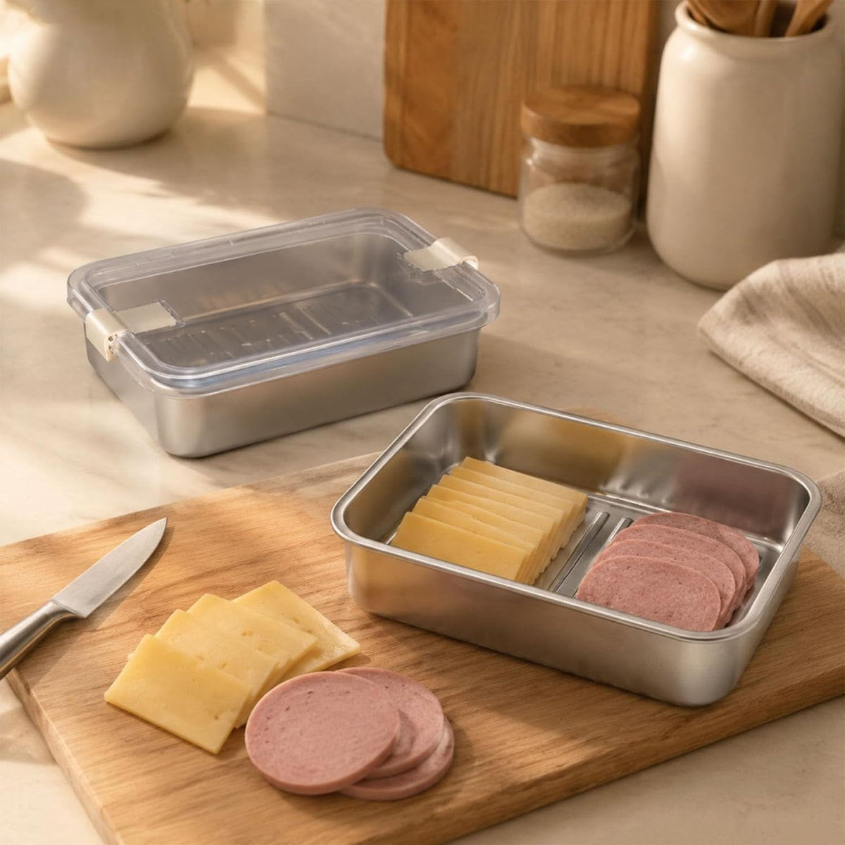 2 Pack Cheese Container, Deli Meat Storage for Refrigerator,Stainless Steel Lunch Meat Food Container with Sealed Vent Lid,Shallow Stackable Fridge Boxes for Ham Bacon Cold Cuts Salami Turkey
