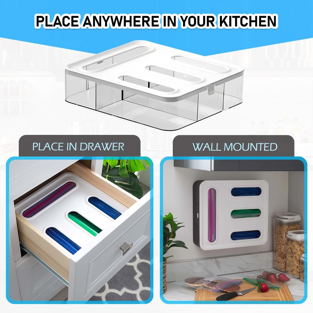 Food Storage Bag Organizer, 4 in 1 Plastic Bag Organizers for Kitchen Storage, Baggie Organizer for Drawer with Removable Labels, Gallon, Quart, Sandwich (White)