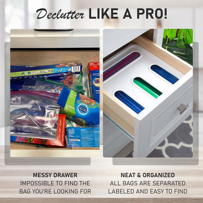 Food Storage Bag Organizer, 4 in 1 Plastic Bag Organizers for Kitchen Storage, Baggie Organizer for Drawer with Removable Labels, Gallon, Quart, Sandwich (White)