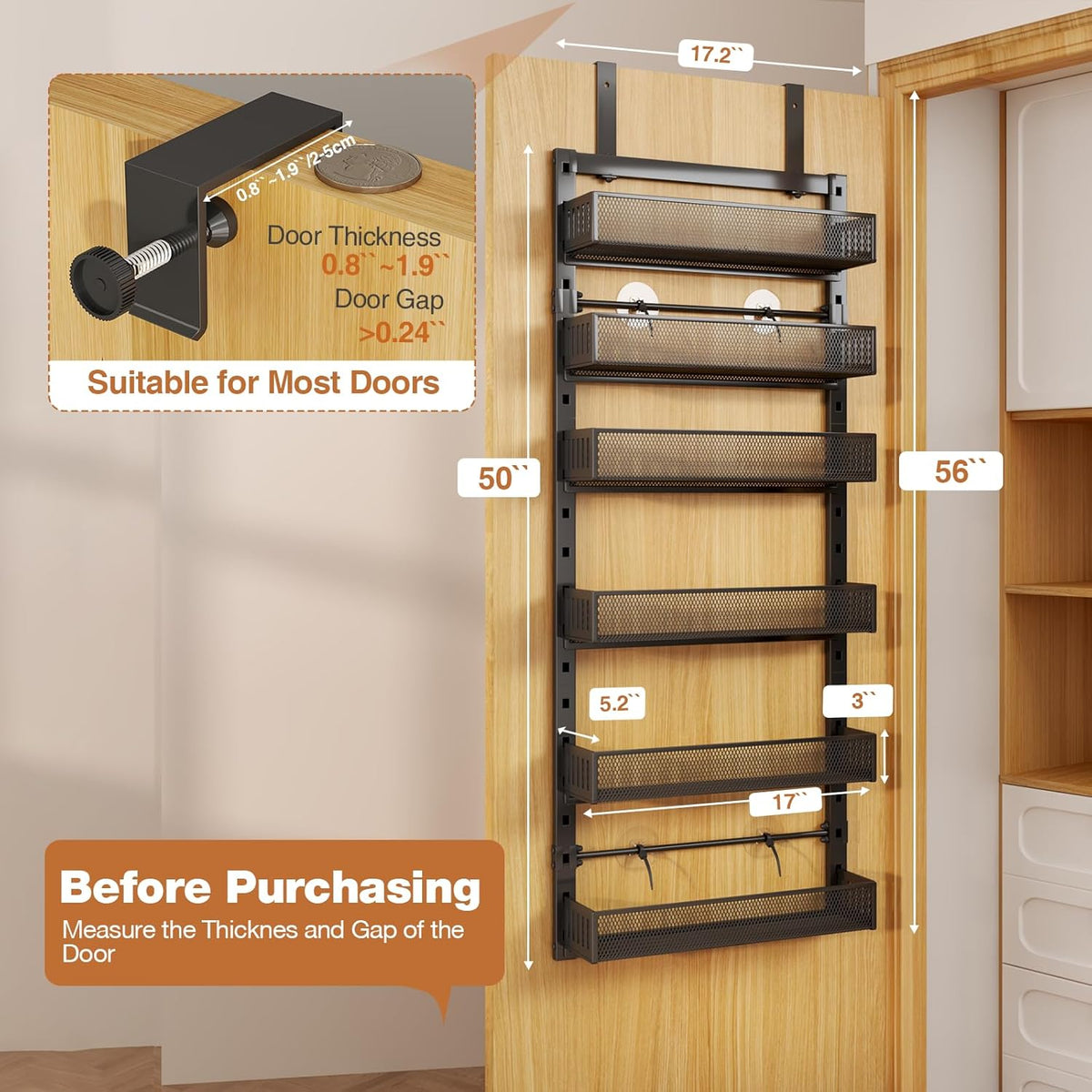 Pantry Door Organizers and Storage, 8-Tier Large Metal Heavy-Duty Frame Over the Door Spice Rack, 2 in 1 Wall-Mounted or Hanging shelf for Kitchen, Bathroom, Laundry Room, Bedroom, Closet &Nursery