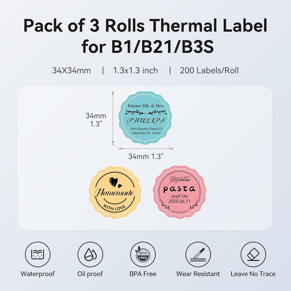 3 Roll Set Labels, 2" x 3.2" (50x80mm) Waterproof Thermal Label | for B1/B21/B31 Label Maker, for Product Info/Address/Barcode/Price/Homemade Food