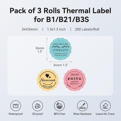 3 Roll Set Labels, 2" x 3.2" (50x80mm) Waterproof Thermal Label | for B1/B21/B31 Label Maker, for Product Info/Address/Barcode/Price/Homemade Food