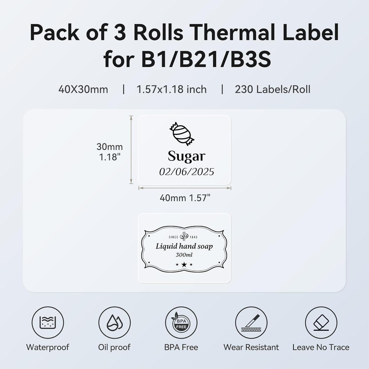 3 Roll Set Labels, 2" x 3.2" (50x80mm) Waterproof Thermal Label | for B1/B21/B31 Label Maker, for Product Info/Address/Barcode/Price/Homemade Food