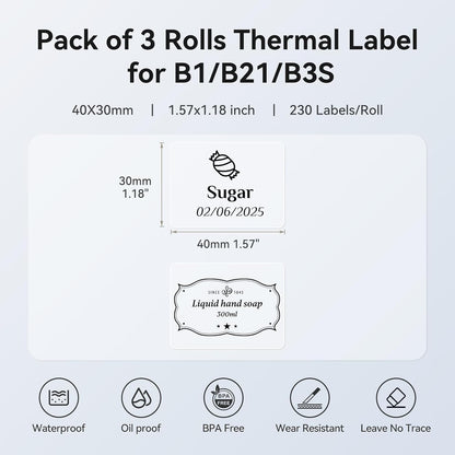 3 Roll Set Labels, 2" x 3.2" (50x80mm) Waterproof Thermal Label | for B1/B21/B31 Label Maker, for Product Info/Address/Barcode/Price/Homemade Food