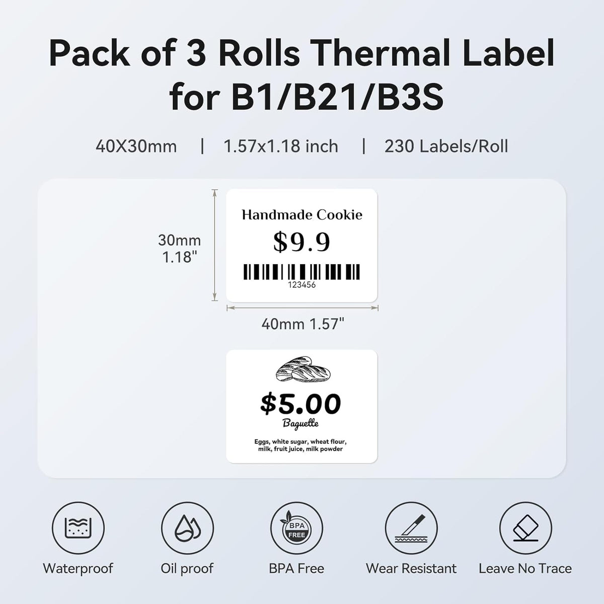 3 Roll Set Labels, 2" x 3.2" (50x80mm) Waterproof Thermal Label | for B1/B21/B31 Label Maker, for Product Info/Address/Barcode/Price/Homemade Food