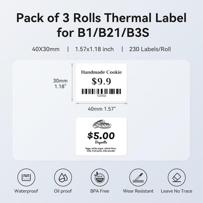 3 Roll Set Labels, 2" x 3.2" (50x80mm) Waterproof Thermal Label | for B1/B21/B31 Label Maker, for Product Info/Address/Barcode/Price/Homemade Food