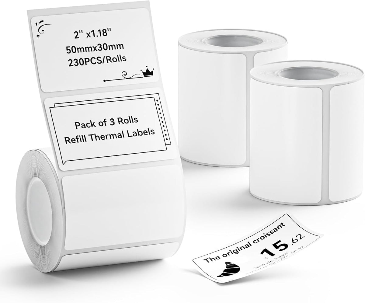 3 Roll Set Labels, 2" x 3.2" (50x80mm) Waterproof Thermal Label | for B1/B21/B31 Label Maker, for Product Info/Address/Barcode/Price/Homemade Food