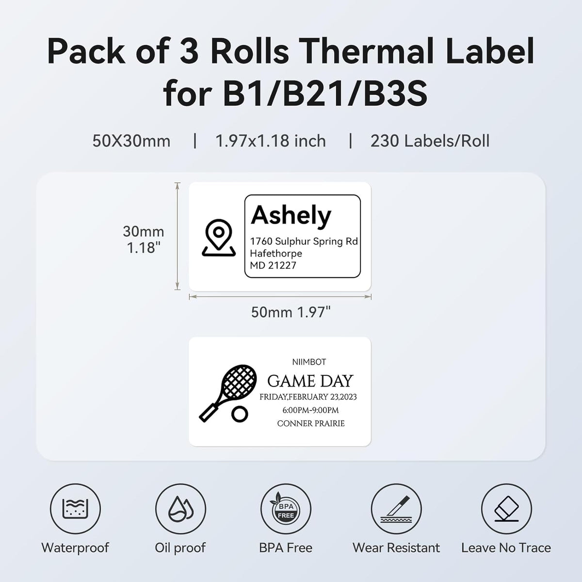 3 Roll Set Labels, 2" x 3.2" (50x80mm) Waterproof Thermal Label | for B1/B21/B31 Label Maker, for Product Info/Address/Barcode/Price/Homemade Food