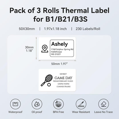 3 Roll Set Labels, 2" x 3.2" (50x80mm) Waterproof Thermal Label | for B1/B21/B31 Label Maker, for Product Info/Address/Barcode/Price/Homemade Food