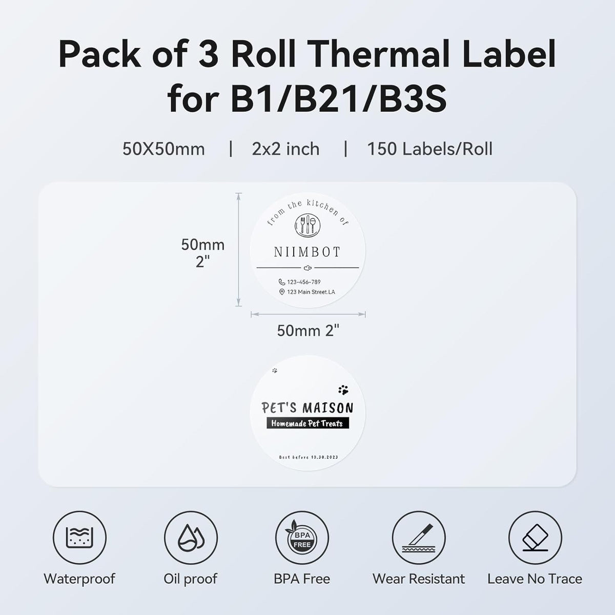 3 Roll Set Labels, 2" x 3.2" (50x80mm) Waterproof Thermal Label | for B1/B21/B31 Label Maker, for Product Info/Address/Barcode/Price/Homemade Food