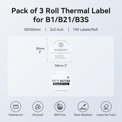 3 Roll Set Labels, 2" x 3.2" (50x80mm) Waterproof Thermal Label | for B1/B21/B31 Label Maker, for Product Info/Address/Barcode/Price/Homemade Food