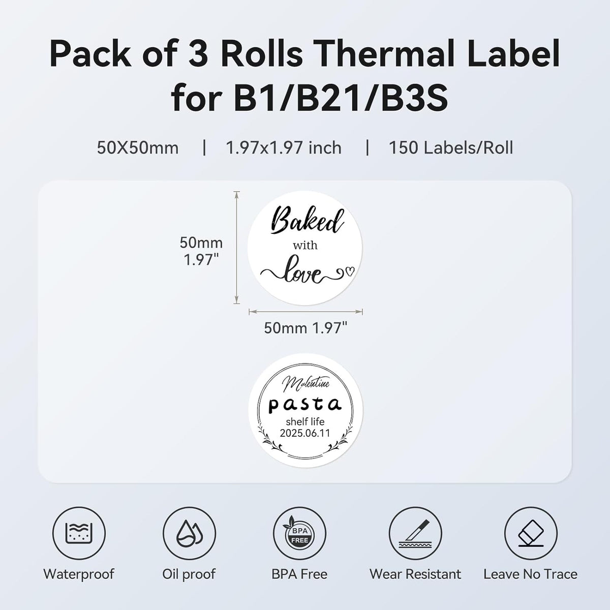 3 Roll Set Labels, 2" x 3.2" (50x80mm) Waterproof Thermal Label | for B1/B21/B31 Label Maker, for Product Info/Address/Barcode/Price/Homemade Food