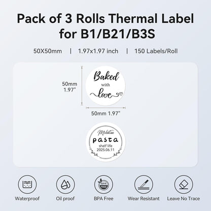 3 Roll Set Labels, 2" x 3.2" (50x80mm) Waterproof Thermal Label | for B1/B21/B31 Label Maker, for Product Info/Address/Barcode/Price/Homemade Food