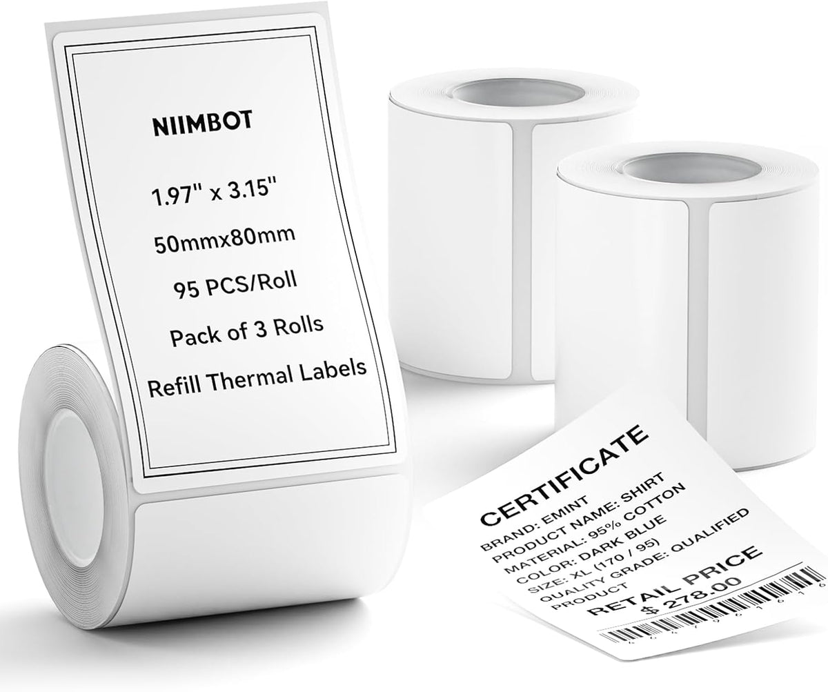 3 Roll Set Labels, 2" x 3.2" (50x80mm) Waterproof Thermal Label | for B1/B21/B31 Label Maker, for Product Info/Address/Barcode/Price/Homemade Food
