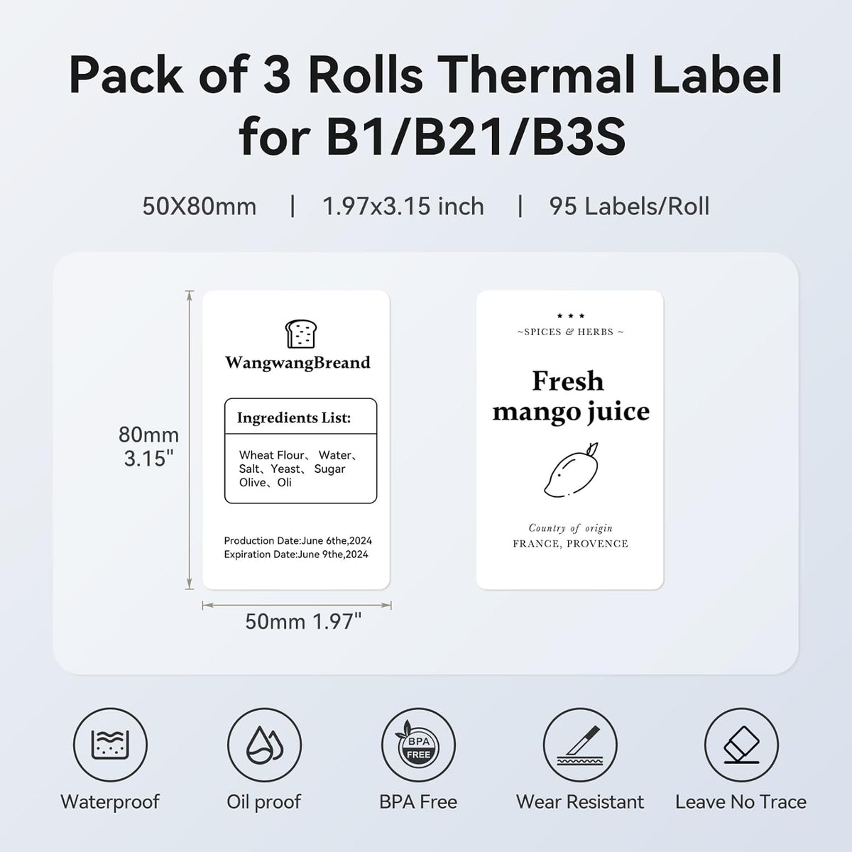 3 Roll Set Labels, 2" x 3.2" (50x80mm) Waterproof Thermal Label | for B1/B21/B31 Label Maker, for Product Info/Address/Barcode/Price/Homemade Food