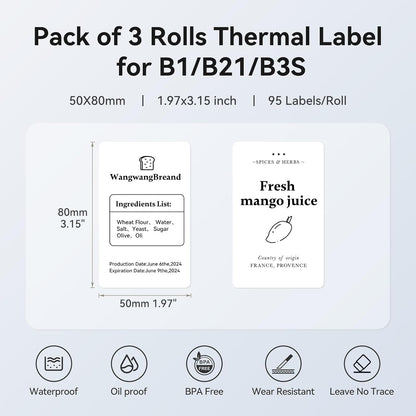 3 Roll Set Labels, 2" x 3.2" (50x80mm) Waterproof Thermal Label | for B1/B21/B31 Label Maker, for Product Info/Address/Barcode/Price/Homemade Food